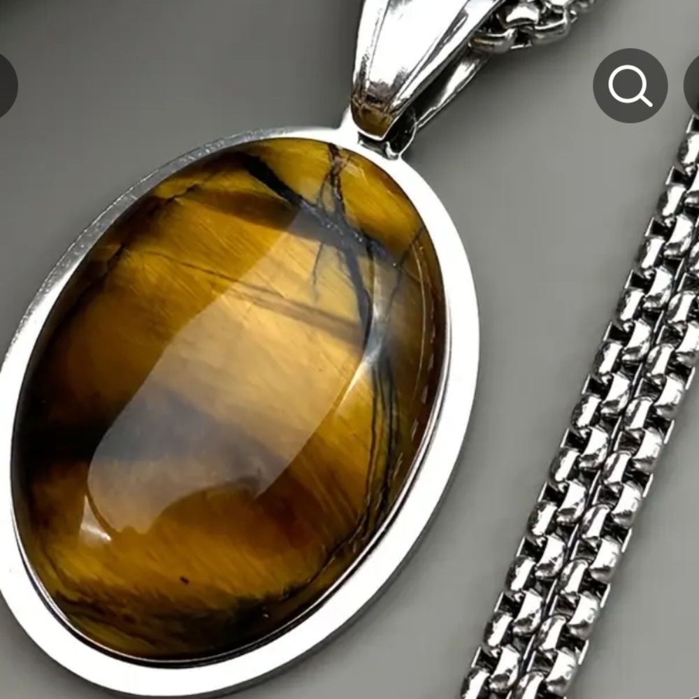 Tiger Eye Oval Pendant Necklace in Brown and Silver